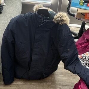 Ben Sherman Dark Blue Puffer Jacket with Fur Hood